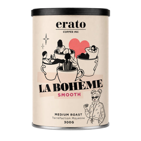 Erato Coffee La Bohème smooth medium roast coffee in a 300g illustrated tin with coffee cup artwork