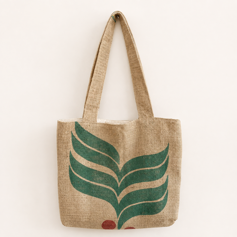Recycled coffee sack tote bag by Erato Coffee, one-of-a-kind upcycled design
