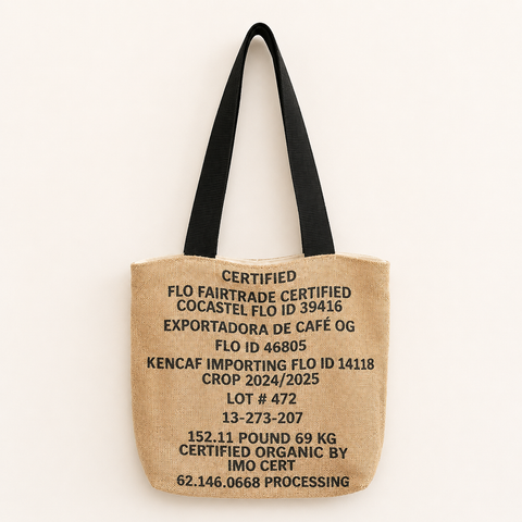 Close-up of Erato Coffee's upcycled coffee sack tote bag showing burlap texture and print